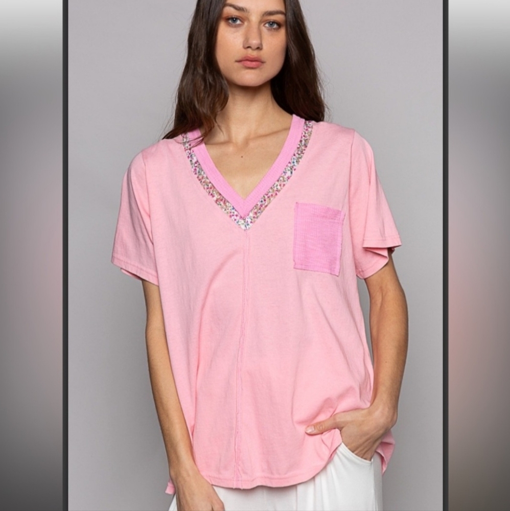 POL Pink V-Neck Embellished Top